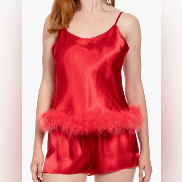 In Bloom Jonquil Nayeli Marabou Feather Trim Satin Camisole Shorts Pajamas M NWT - Picture 1 of 12